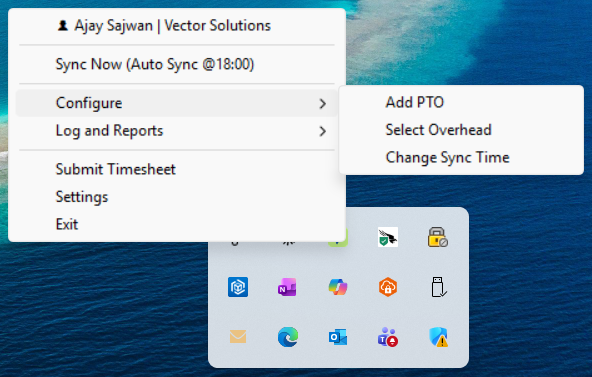 Tray menu with Configure submenu expanded