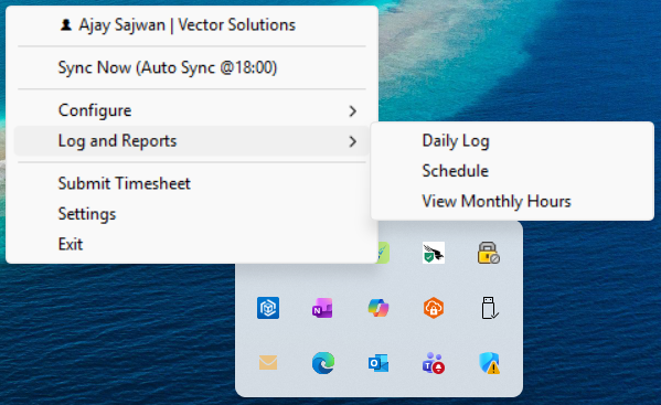 Tray menu with Log and Reports submenu expanded